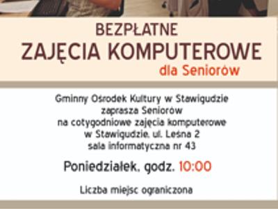 Plakat zapraszający seniorów na bezpłatne zajęcia komputerowe w Gminnym Ośrodku Kultury w Stawigudzie