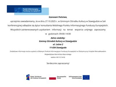 Dyżur konsultanta Mobilnego Punktu Informacyjnego Funduszy Europejskich
