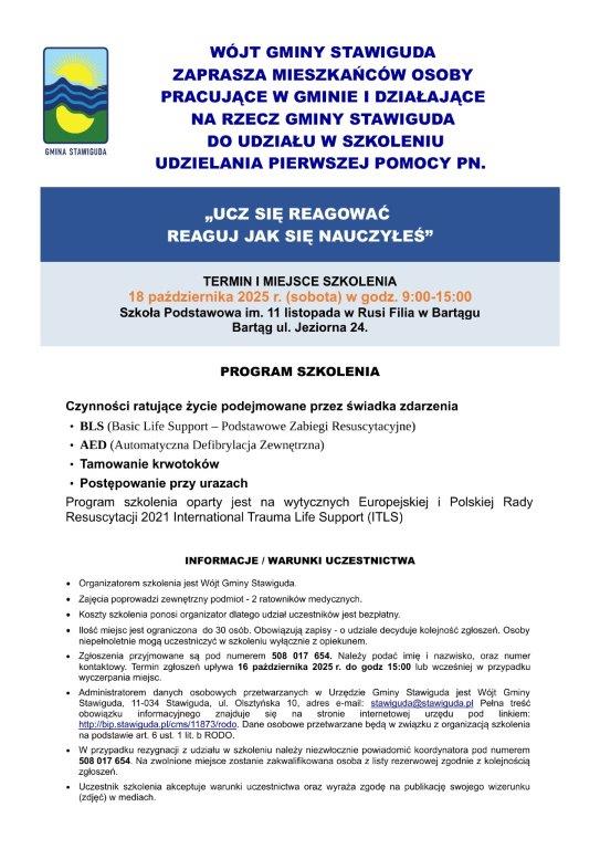 Bezpłatne szkolenie z udzielania pierwszej pomocy pn. „Ucz się reagować. Reaguj, jak się nauczyłeś!”