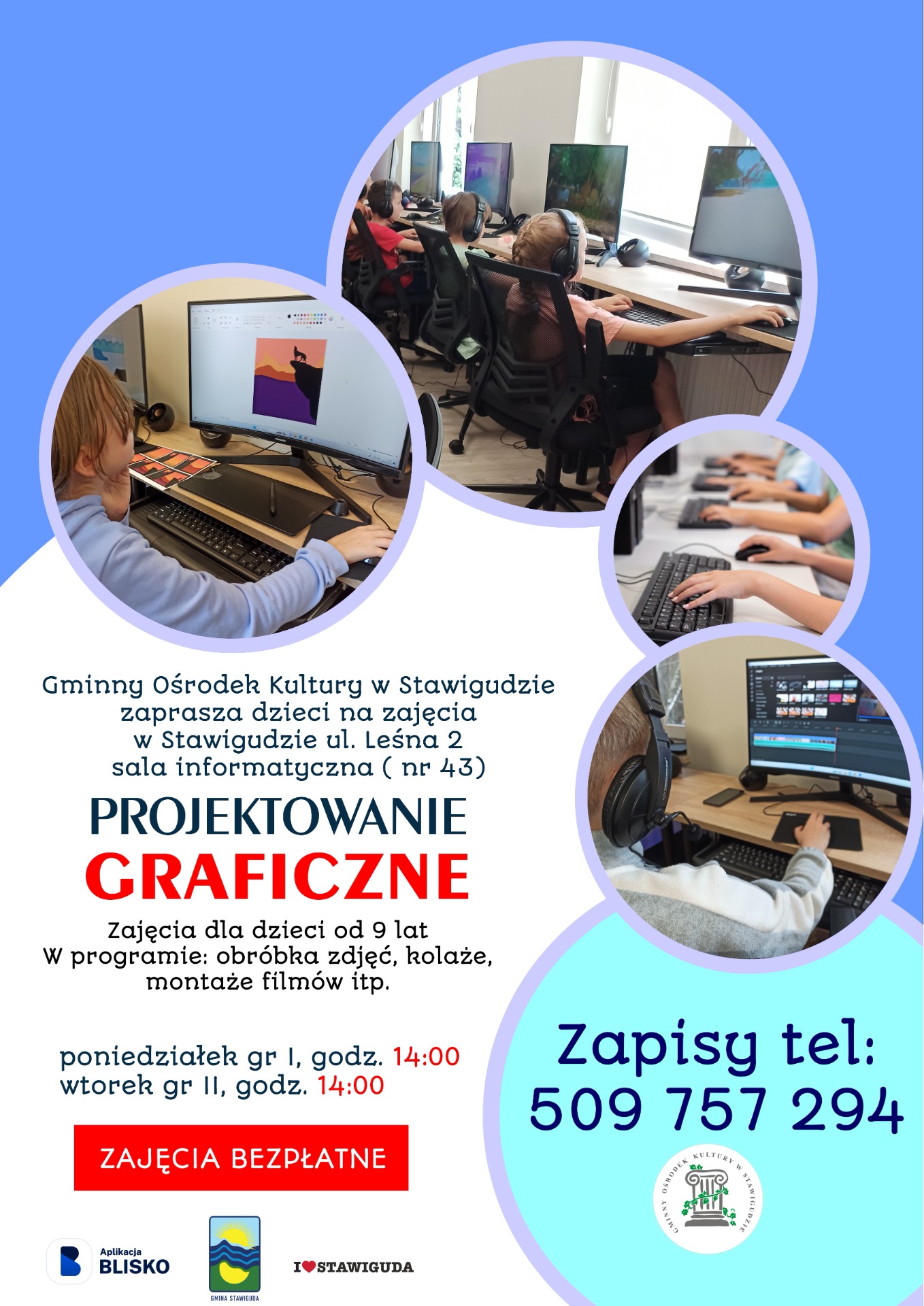 plakat na zapisy z projektowania graficznego dla dzieci 9+ w Gminnym Ośrodku Kultury Stawigudzie 