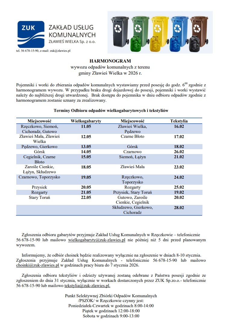 Terminy odbioru odpadów wielkogabarytowych i tekstyliów 2026r.