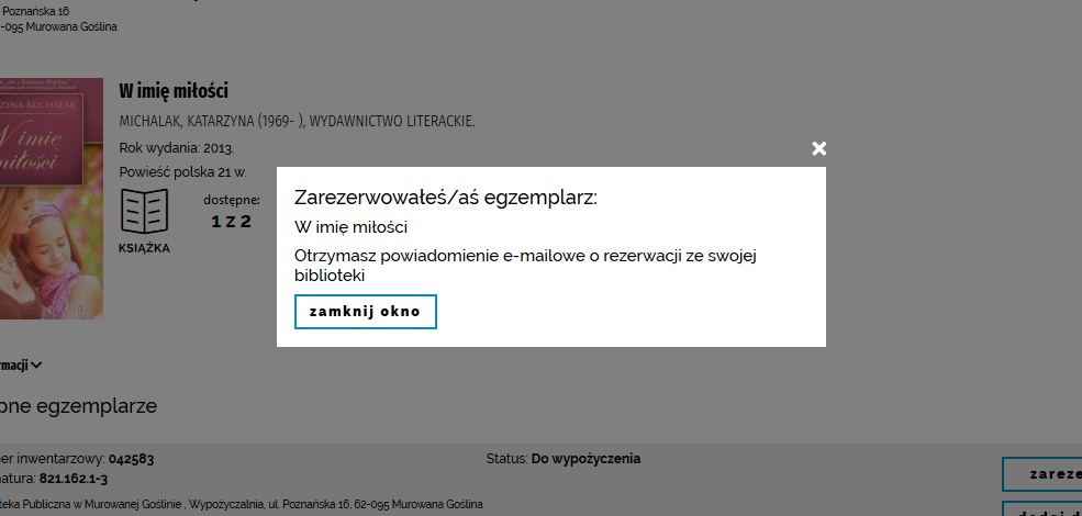Zrzut ekranu informacja o poprawnym zarezerwowaniu książki [985x470]