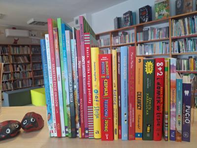 Książki, nowości wydawnicze dla dorosłych, ustawione grzbietami na ladzie w tle regały biblioteczne.