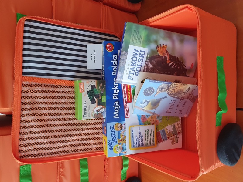 Na zdjęciu znajduje się pomarańczowa otwarta walizeczka. W jej środku znajduje się gra edukacyjna, książka, gadżet edukacyjny..