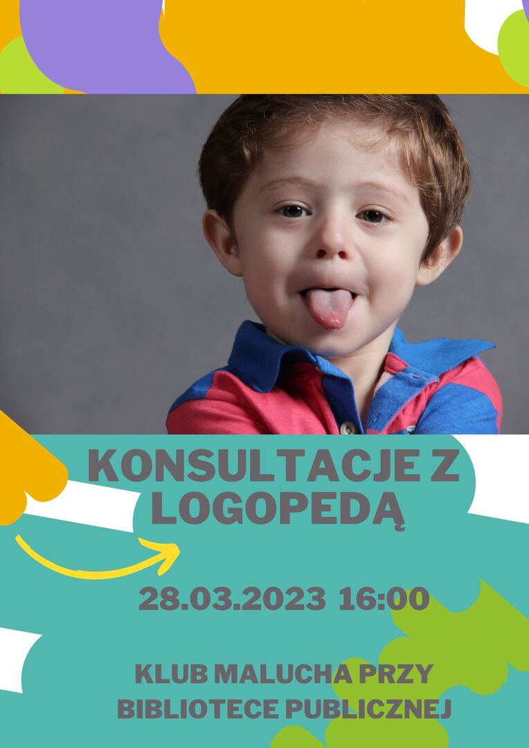 plakat informujący o spotkaniu z logopedą, na plakacie dziecko pokazujące język
