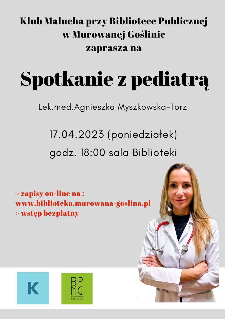 plakat zapraszający na spotkanie z pediatrą, w tle lekarz