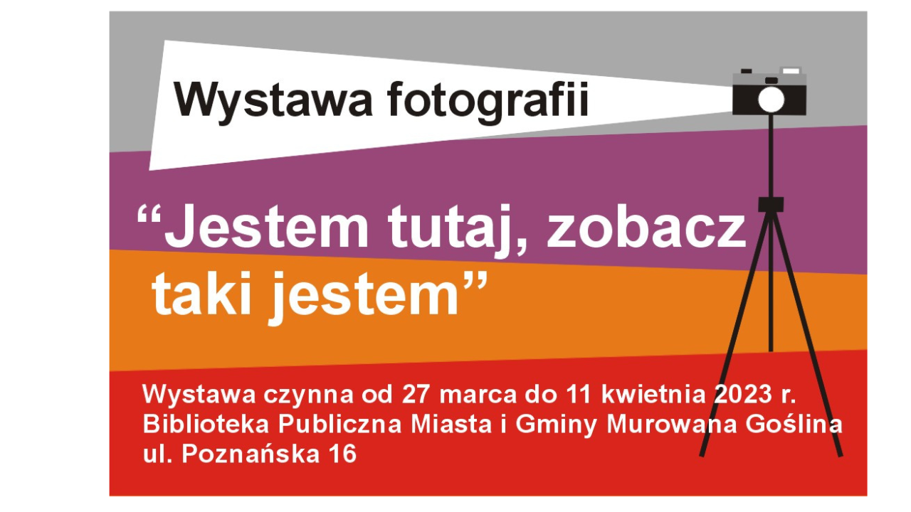Baner z motywem graficznym aparatu fotograficznego na statywie Wystawa fotografii „Jestem tutaj zobacz taki jestem 