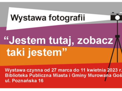 Baner z motywem graficznym aparatu fotograficznego na statywie Wystawa fotografii „Jestem tutaj zobacz taki jestem