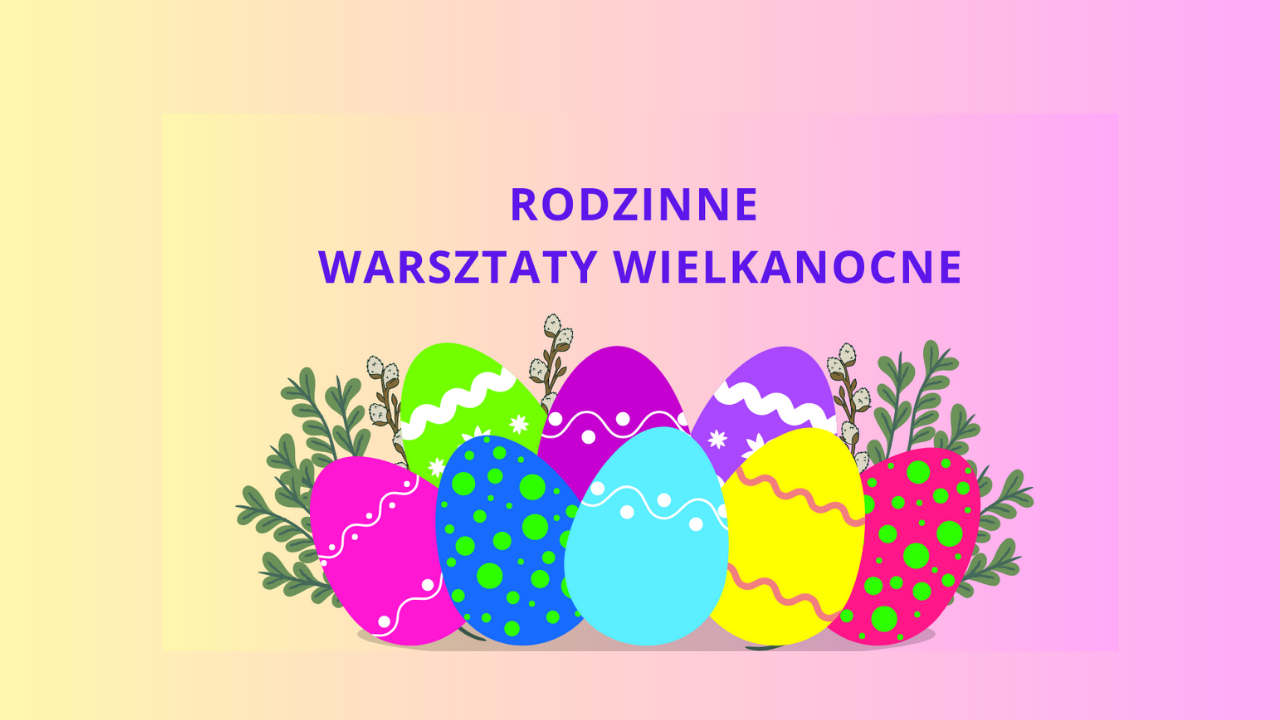 Grafika przedstawiająca kolorowe pisanki na bladoróżowym tle. 