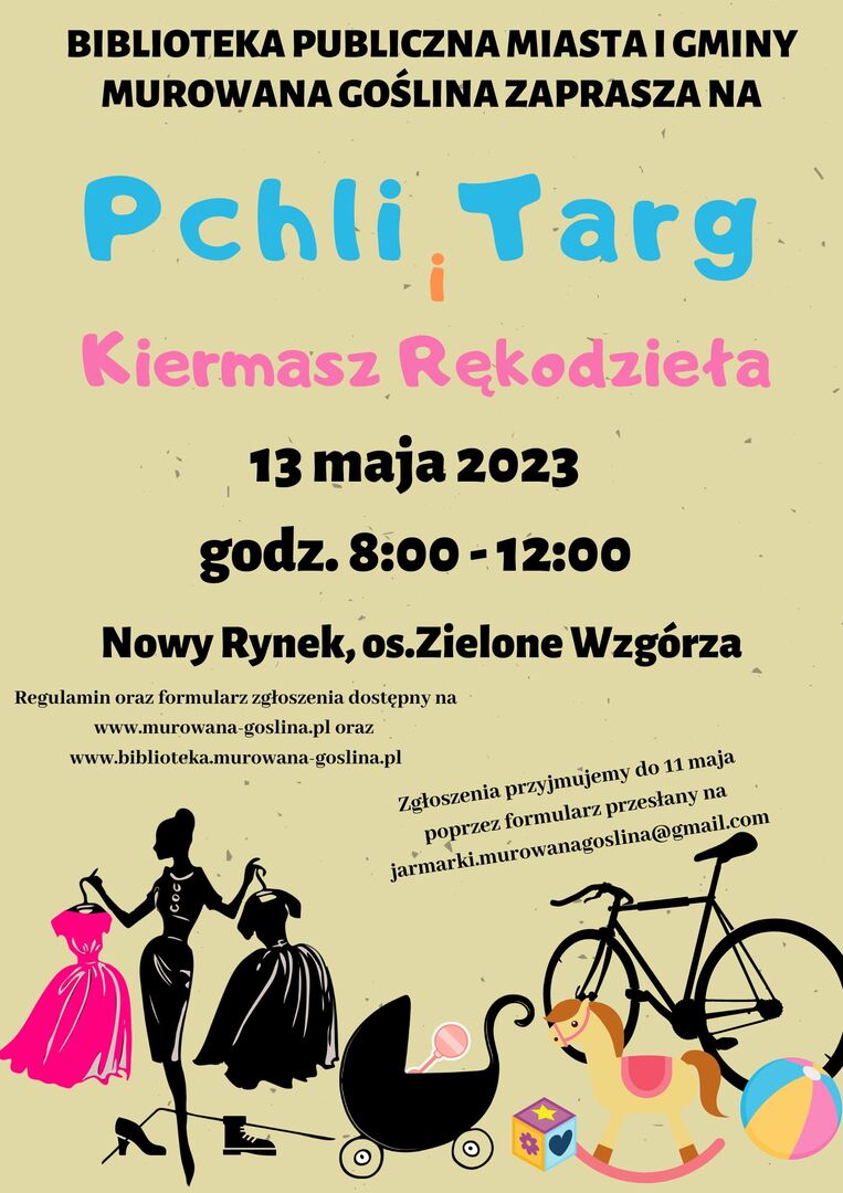 plakat informacyjny o pchlim targu, w tle rower, zabawki.