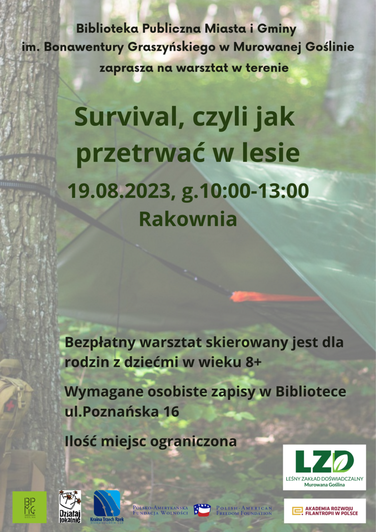 plakat informacyjny o spotkaniu survivalowym 19 sierpień 2023 roku, godzina 10 w Rakowni