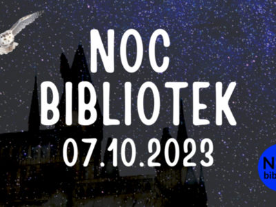 biały napis noc bibliotek na granatowym tle. poniżej data 7.10.2023