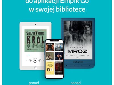 na niebieskim tle napis odbierz darmowy kod do Empik Go. Poniżej tablet, komórka i czytnik