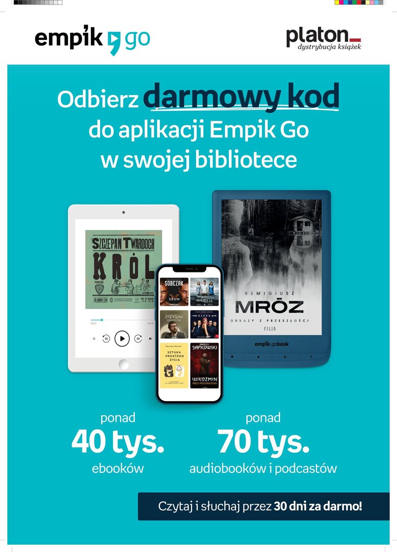 na niebieskim tle napis odbierz darmowy kod do Empik Go. Poniżej tablet, komórka i czytnik