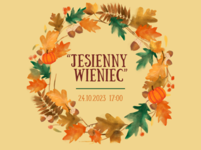 Grafika wieńca z liści a w nim napis jesienny wieniec 24.10 17:00