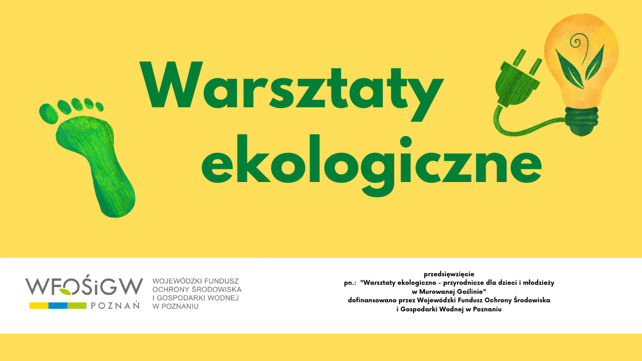 na żółtym tle napis warsztaty ekologiczne. poniżej logo wfos
