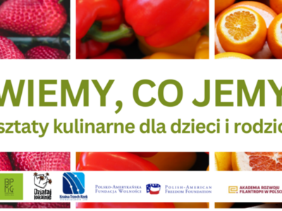 zdjęcie owoców i warzyw a na nich na białym tle zielony napis wiemy co jemy
