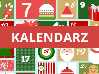 Grafika kalendarz adwentowy na niej czerwony prostokąt a na nim biały napis kalendarz