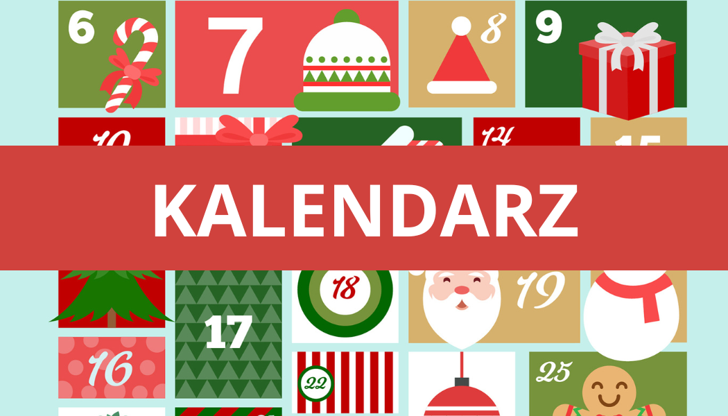 Grafika kalendarz adwentowy na niej czerwony prostokąt a na nim biały napis kalendarz