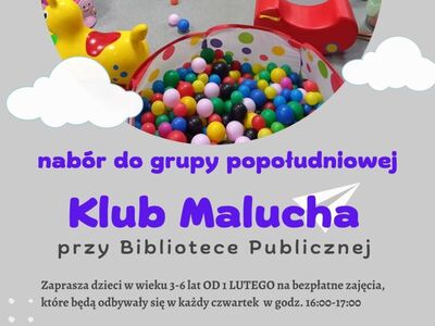 plakat  informacyjny klub malucha, na plakacie dzieci z zabwkami