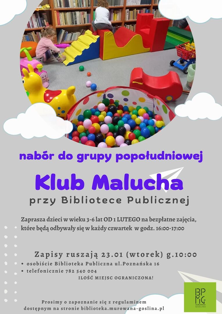 plakat  informacyjny klub malucha, na plakacie dzieci z zabwkami