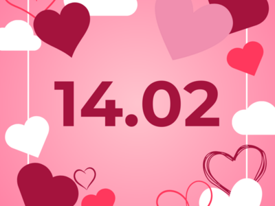 na różowym tle napis 14.02. Dookoła różowe serduszka i białe chmurki