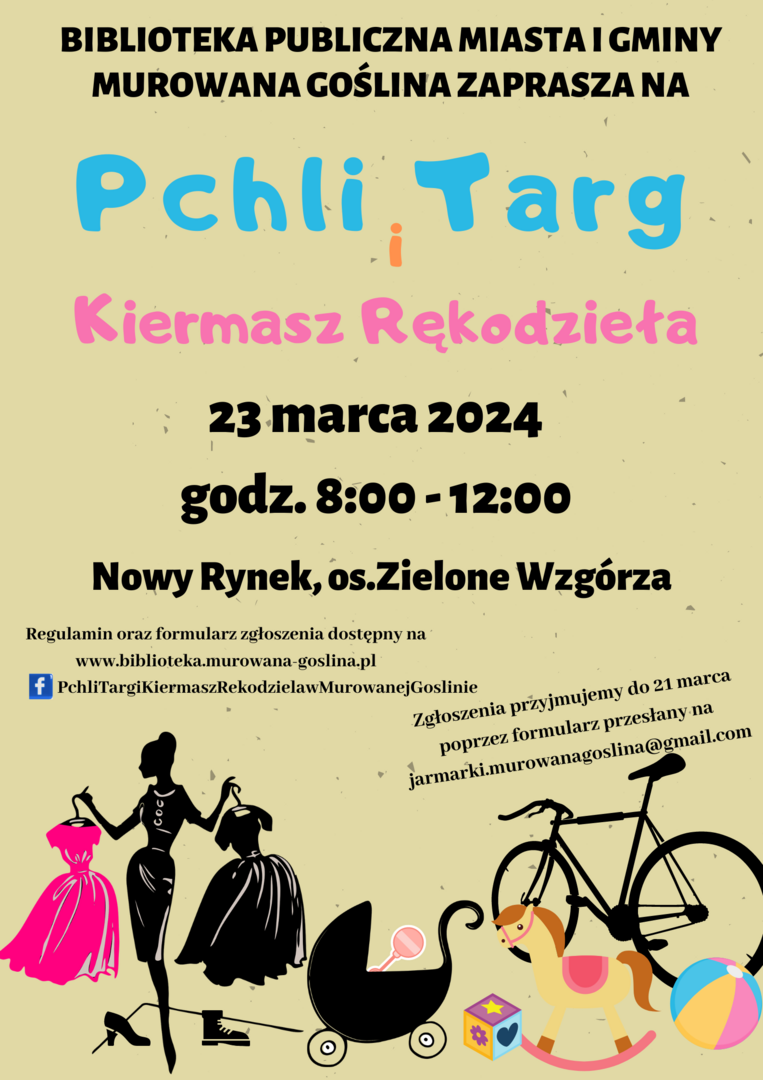 plakat informacyjny pchli targ, na plakacie grafika roweru, kobiety, ubrań, zabawek