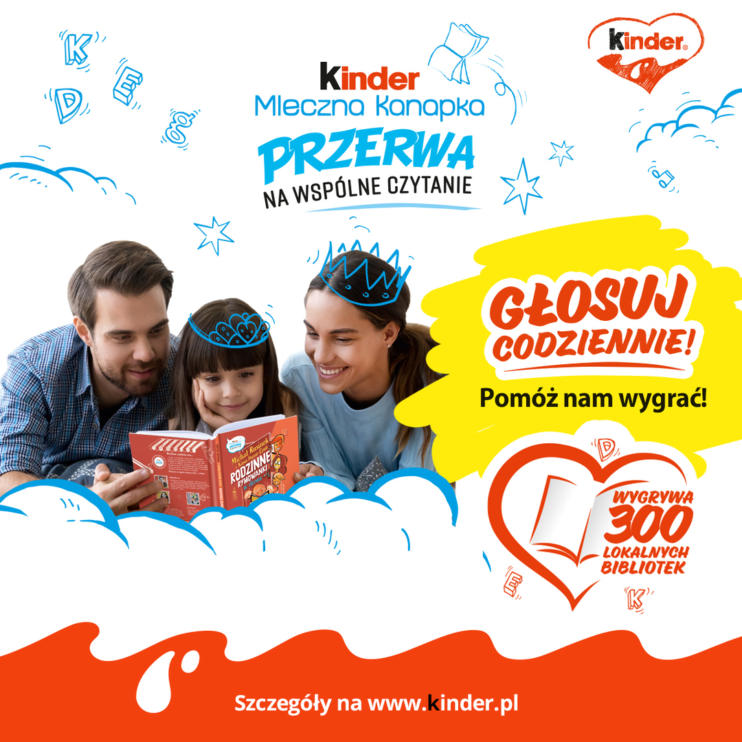 Rodzice czytający dziecku książkę. Plakat akcji kinder przerwa na wspólne czytanie