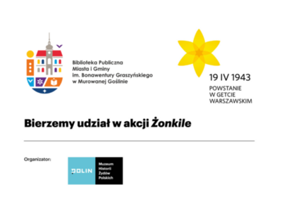 Na grafice logo biblioteki oraz logo akcji żonkile oraz muzeum POLIN