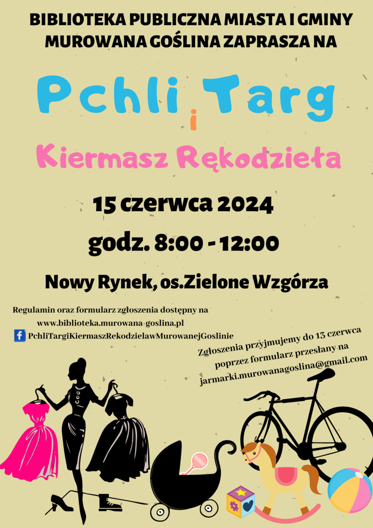 plakat informacyjny,  w tle zabawki, rower, rysunek kobiety z ubraniami