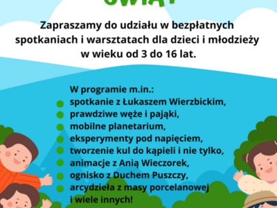 plakat informacyjny, zajęcia dla dzieci, w tle grafika -góry,drzewa, dzieci
