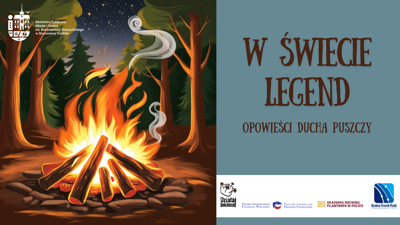 plakat informacyjny, po lewej stronie grafika ogniska, po prawej opis wydarzenia, u dołu loga instytucji