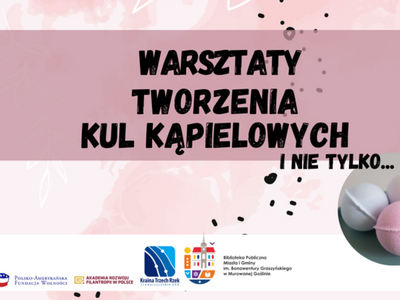 Grafika w pastelowych różowych kolorach tła, czarny napis warsztaty tworzenia kul do kąpieli