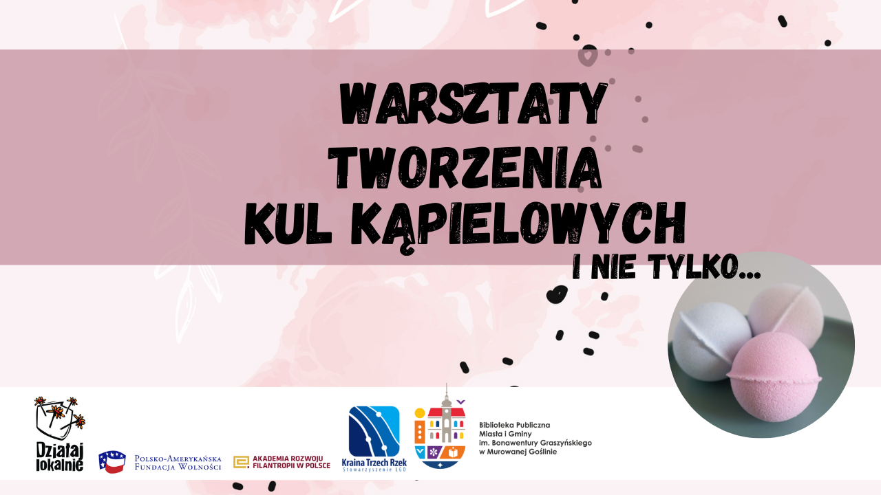 Grafika w pastelowych różowych kolorach tła, czarny napis warsztaty tworzenia kul do kąpieli 