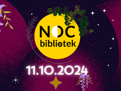 na różowo czarnym tle napis noc bibliotek znajdujący się w żółtym kole