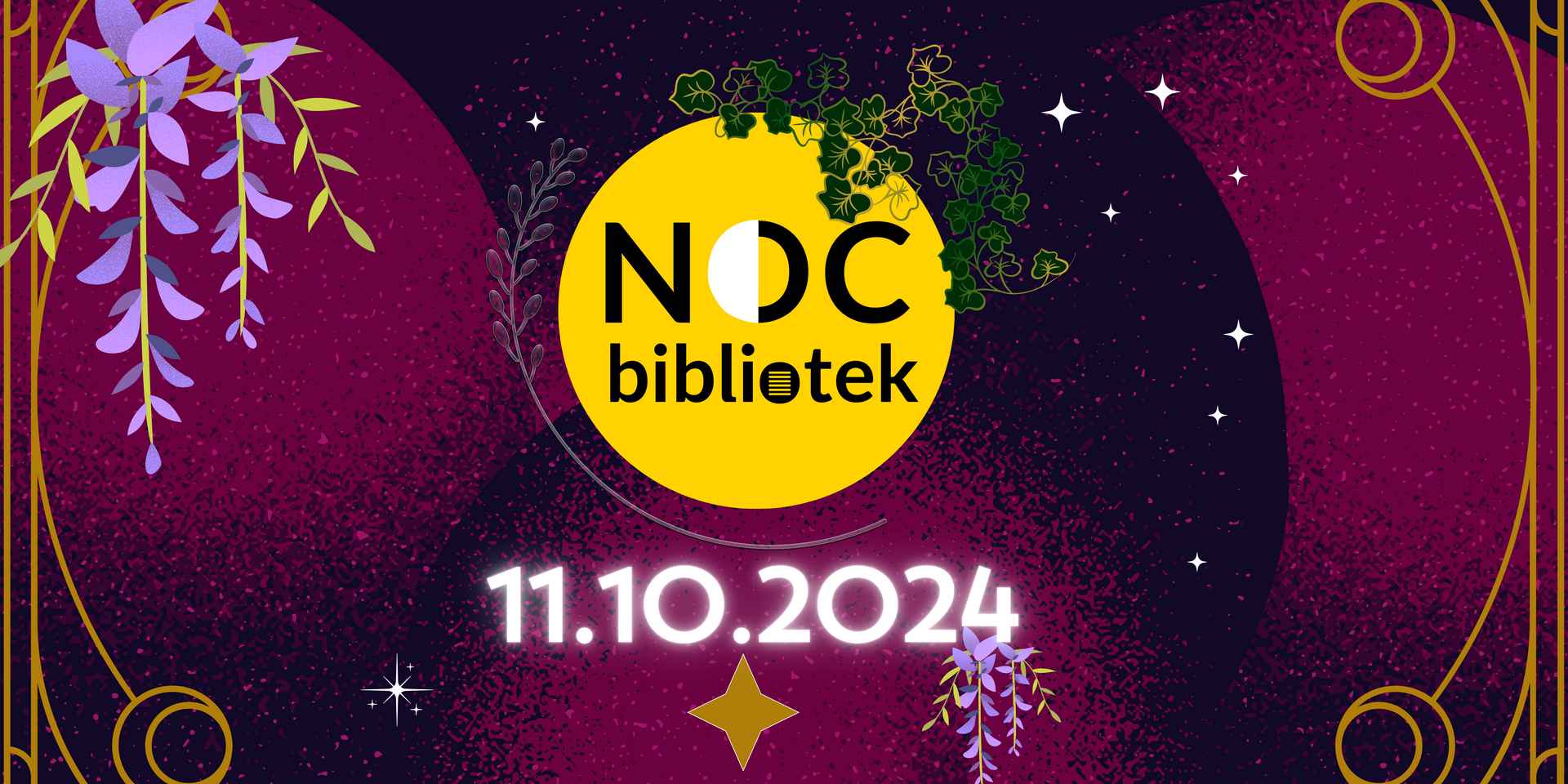 na różowo czarnym tle napis noc bibliotek znajdujący się w żółtym kole