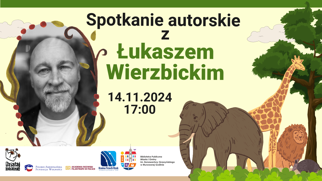 na garfice zdjęcie mężczyzny po lewej stronie, po prawej grafika zwierząt afrykańskich 