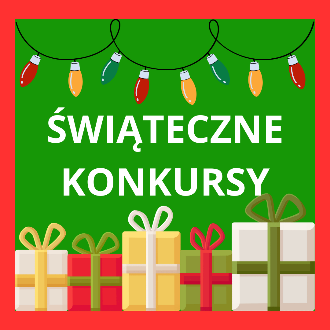 Na zielonm tle biały napis swiąteczne konkursy. na dole grafka prezentów