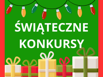 Na zielonm tle biały napis swiąteczne konkursy. na dole grafka prezentów