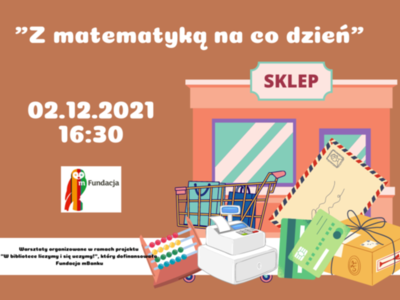 Na brązowym tle biały napis z matematyką na co dzień. W lewym dolnym rogu grafika listy,karta kredytowa, sklep