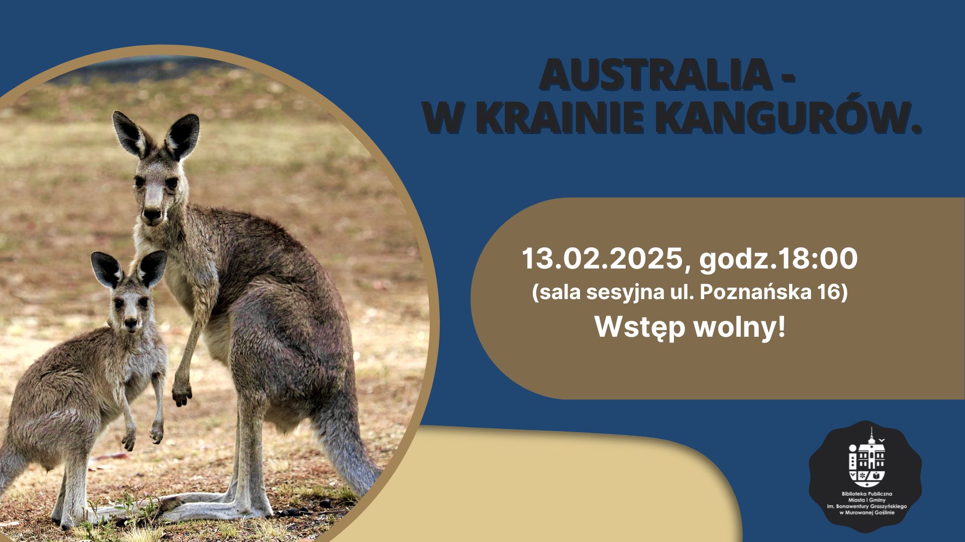 na niebieskim tle zdjecie dwóch kangurów oraz napis Australia. W krainie kankurów