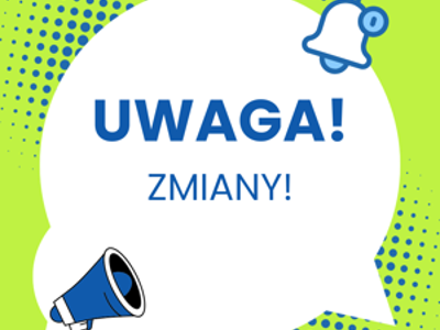 Na zielonym tle białe koło w nim niebieski napis uwaga zmiany