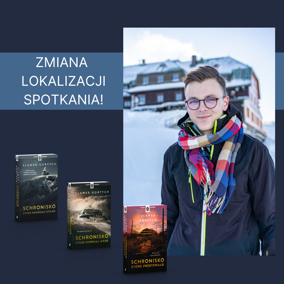Na granatowym tle zdjecie młodego mężczyzny oraz biały napis zmiana