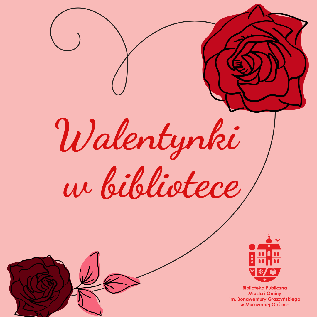 Na różowym tle czerwony napis walentynki w bibliotece. dookoła zarys serca i czerwona róża