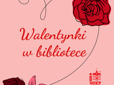 Na różowym tle czerwony napis walentynki w bibliotece. dookoła zarys serca i czerwona róża