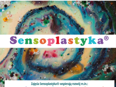 grafika informująca o zajęciach Sensoplastki, tło kolorowe z kolorowymi ziarnami
