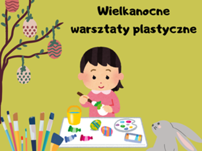 grafika informująca o warsztatach wielkanocnych, dziewczynak malująca jajka, drzewko z wiszącymi kolorowymi jajakami, pędzle do malowania, zajączek