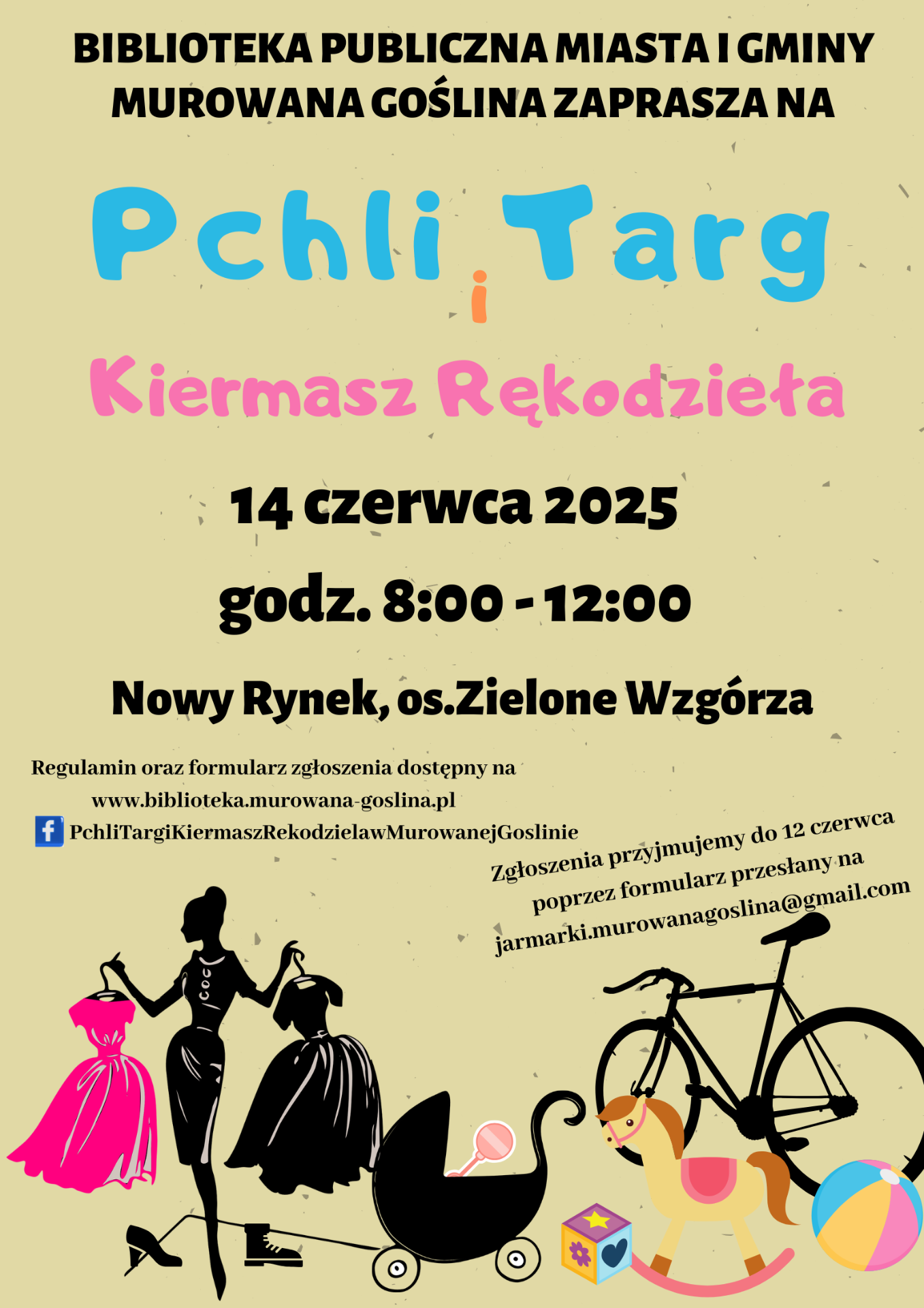 plakat informacyjny, na plakacie grafika kobiety z ubraniami, zabawek, roweru