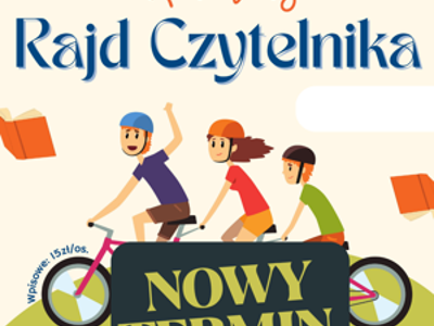 plakat informacyjny, w tle rower trzyosobowyi rozsypane książki