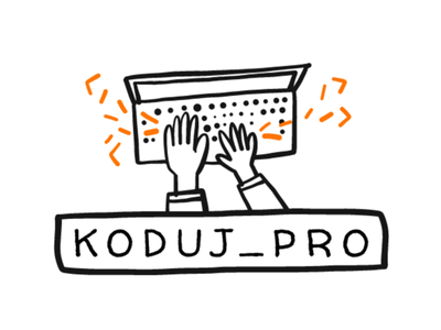Rysunek laptopa. Dłonie na klawiaturze. Napis KODUJ PRO.